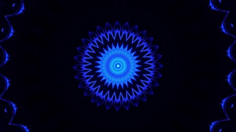 Blue kaleidoscope sequence patterns. Abstract mandala multicolored motion graphics background.