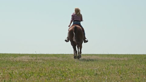 A cowgirl with blonde curls and a checked shirt rides a brown horse across a green and yellow meadow to the horizon.