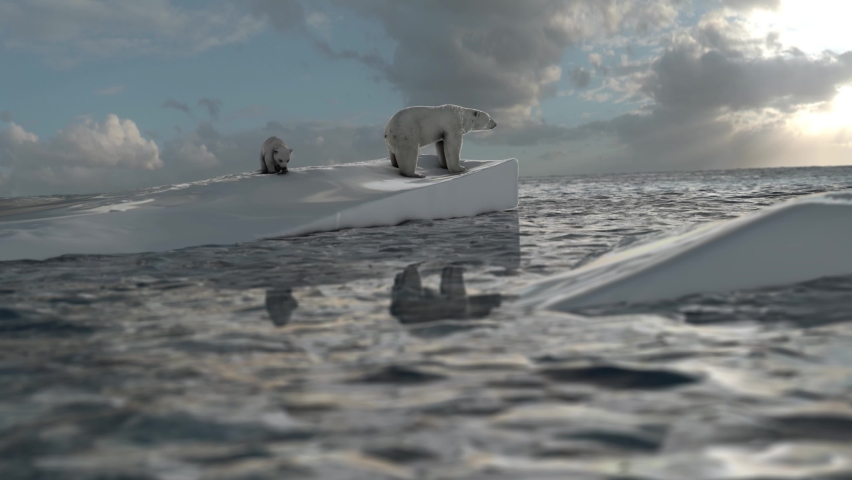 Polar bear mother and Cub on iceberg with north pole landscape
global warming concept, glacier melting,polar bear in extinction danger
