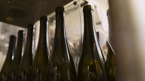 Empty wine bottles in bottling process waiting to get filled with wine
