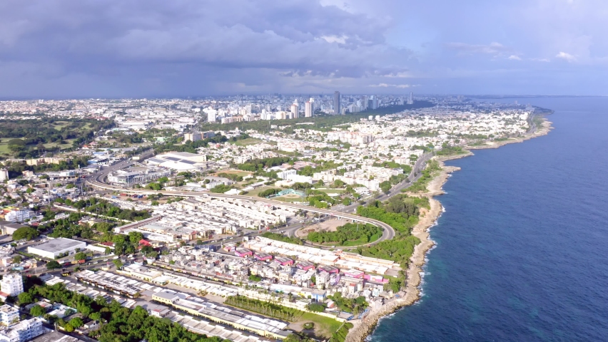 Aerial View Of Santo Domingo City And Caribbean Sea At Daytime In Dominican Republic.