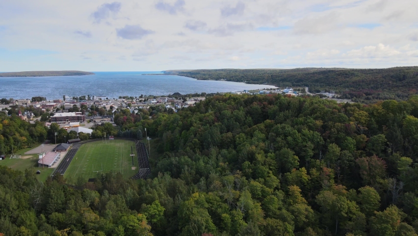Aerial drone footage of Downtown Munising in the Upper Peninsula of Michigan. Near Pictured Rocks National Lake Shore