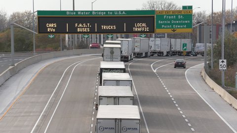 Sarnia, Ontario, Canada November 2021 Epic truck and supply chain gridlock at Canada US border crossing at Sarnia Ontario.
