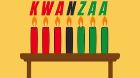 Traditional seven candles of kwanzaa in brown table with kwanzaa text over kwanzaa candle. Animated Kwanazaa footage 4k.
 - Powered by Shutterstock - Get 15% off with code: PIKWIZARD15