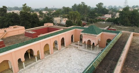 Kapurthala, Punjab - 11-12-2019 : Cinematic drone shot of moorish mosque. Beautiful courtyard inside Moorish mosque in Kapurthala.