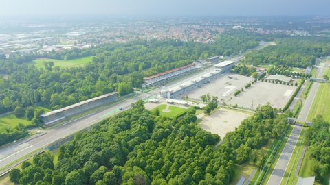 Monza, Italy - July 6, 2019: Autodromo Nazionale Monza is a race track near the city of Monza in Italy, north of Milan. Venue of the Formula 1 Grand Prix. From the air, Aerial View Hyperlapse