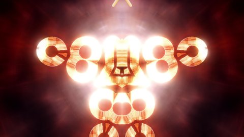 Beautiful Abstract Gold Flickering Light Kaleidoscope Shapes Seamless Loop Background. Technology futuristic light glowing line. Digital art animation motion design for fashion, VJ loop.

