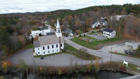 Drone Aerial View of United Methodist Church in Sunapee, New Hampshire USA
