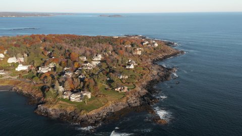 Breath taking aerial wide angle shot of Prouts neck in Scarborough, Maine.