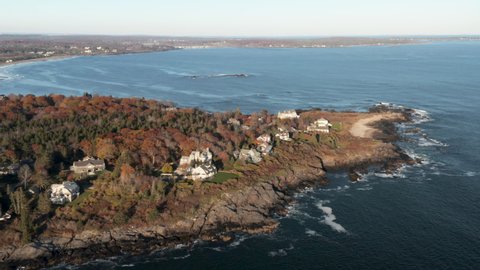 Stunning wide angle aerial shot of Prouts Neck in Scarborough, Maine.