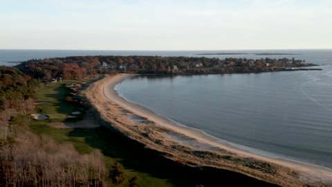Stunning aerial wide angle on Prouts Neck beach in Scarborough, Maine.