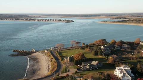Stunning aerial view of the homes on the coast of Prouts Neck in Scarborough, Maine.