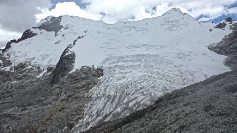 Aerial view of a high-altitude tropical glacier in the Andes of Peru: melting and shrinkage due to global warming causing floods