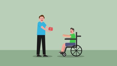 Young father animation giving his kidney organ to sick son on the wheelchair while doing medical treatment in the hospital. Cartoon in 4k resolution