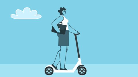 Businesswoman with briefcase rides an electric scooter. Flat Design Woman Cartoon Character Isolated Loop 2d Animation