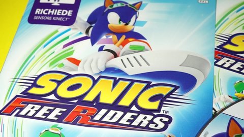 Rome, Italy - November 18, 2021, detail of Sonic Free Riders, one of the first video games with motion control, thanks to Microsoft Kinect, of the Sonic series.