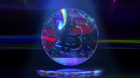 Diamond bitcoin rotates on a dark background with neon lighting. Cryptocurrency. Lowpoly. 3d animation of seamless loop