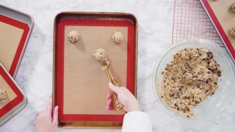 Step By Step. Flat Lay. Scooping Homemade Chocolate Chip Cookies With Metal Dough Scoop.