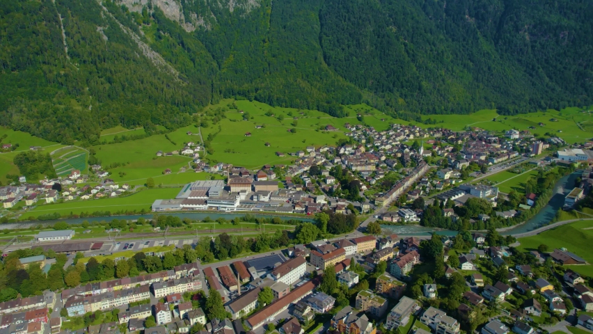 Aerial view around the city Glarus in Switzerland on a sunny day in summer.	