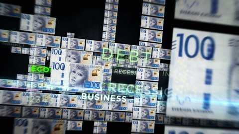 Swedish Krone money loop 3d animation. Camera flying between NZD banknotes. Finance, economy, crisis, business success, recession, debt and tax seamless looped concept.