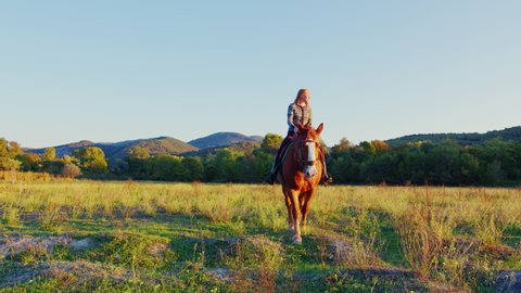 Slender girl sits astride horse who walks through meadow surrounded by trees, hills. Horsewoman. Young woman is engaged in horseback riding in nature. Sportive, active lifestyle. Sunny day. Summer