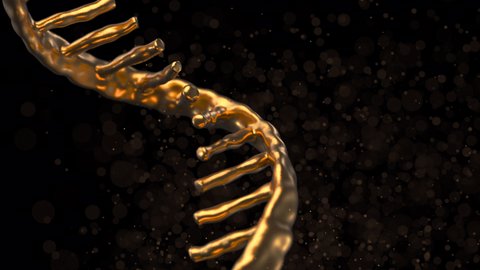 mRNA golden strand rotates on dark backdrop with flying debrises. mRNA vaccine concept animation