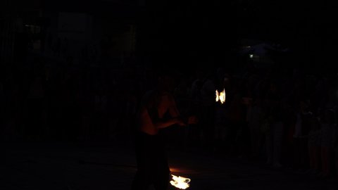 Troyan, Bulgaria-06 09 2021: Amazing fire show at night