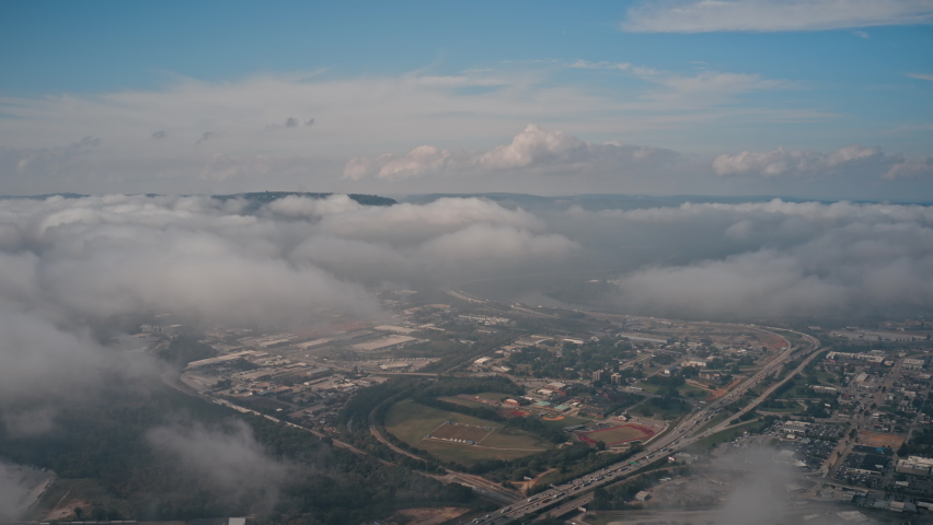 Aerial Hyperlapse of Lookout Mountain Moccasin Bend Cloudy Morning Boat in Tennessee River