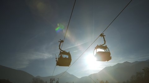 Ski lifts and skiers in Bansko, Bulgaria
