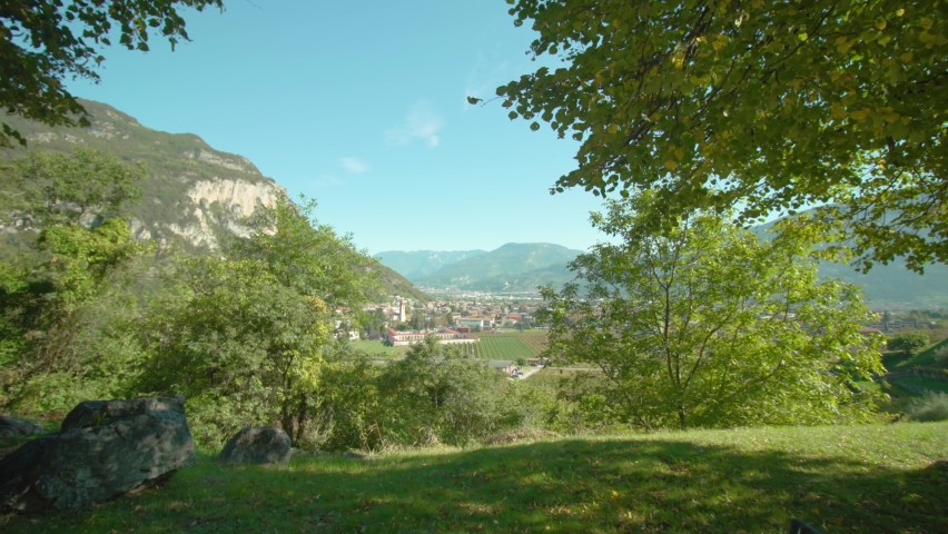 Benches with table with mountain and countryside view