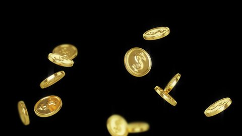 Falling gold coins on a transparent background. Slow motion. 3d animation with depth of field