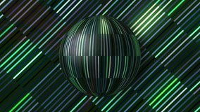 Close up of a colorful reflective disco mirror ball slowly rotating on a colored striped background. Motion. Mirror ball spinning on a black back backdrop, seamless loop.