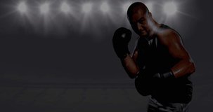 Animation of graphs and data processing over male boxer and floodlights. sport, competition, technology and digital interface concept, digitally generated video.
