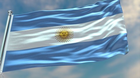 Argentina flag waving in the wind with high-quality texture in 4K UHD National Flag. Realistic Animation of the Argentina flag with moving clouds and blue sky background