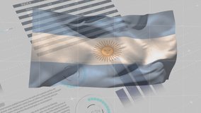 Animation of graphs and data processing over flag of argentina on grey background. argentinian economy and business concept digitally generated video.