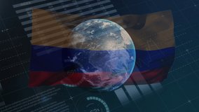 Animation of data processing and globe over flag of colombia on black background. colombian economy, national and global business concept digitally generated video.