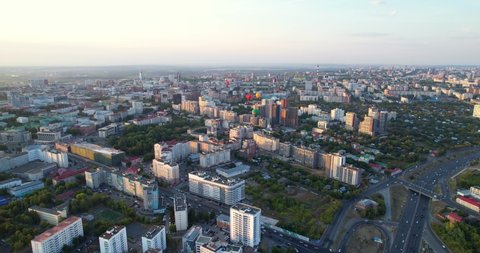 Aerial view of the city of Ufa, Republic of Bashkortostan, Russia. Balloons over the city.