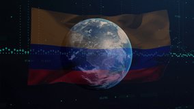 Animation of data processing and globe over flag of colombia on black background. colombian economy, national and global business concept digitally generated video.