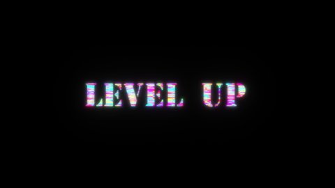 Level Up colorful text word flicker light animation loop with glitch text effect. 4K 3D seamless Level Up Paused glitch effect element for intro, title banner. Colorful Retro Gaming Console Style.
