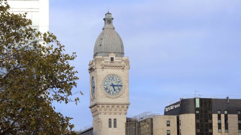 Paris, France - October 2021 : Tour de l'Horloge, the clock tower and belfry of the Gare de Lyon railway station in Paris, France