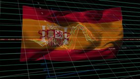 Animation of data processing and graphs over flag of spain on black background. spanish economy and business concept digitally generated video.