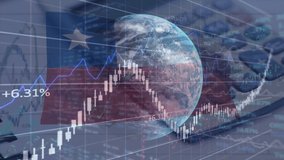 Animation of data processing, globe and graphs over flag of chile on black background. chilean economy, national and global business concept digitally generated video. - Powered by Shutterstock - Get 15% off with code: PIKWIZARD15