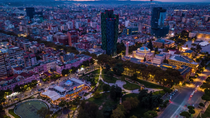 The hyperlapse on the main square of Tirana city in Albania at night in 4K | Shutterstock HD Video #1082623261
