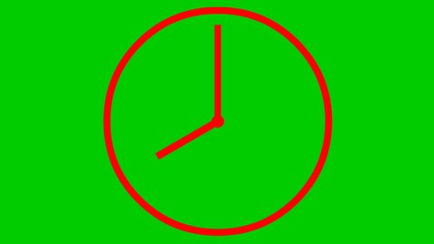 Animated clock. Red watch. Concept of time, deadline. Looped video. Vector illustration isolated on green background.