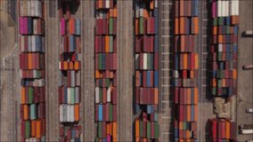 Blurred video. Flight over container terminal port aerial topdown panorama.