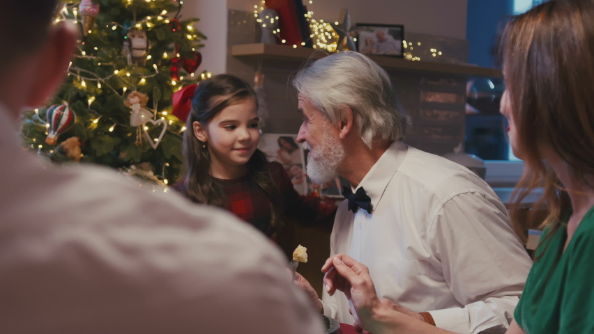 Happy caucasian grandfather sitting at the dinner table with his family celebrating Christmas. Little shy granddaughter giving huggs to grangfather while having Christmas dinner at home. Royalty-Free Stock Footage #1082628697