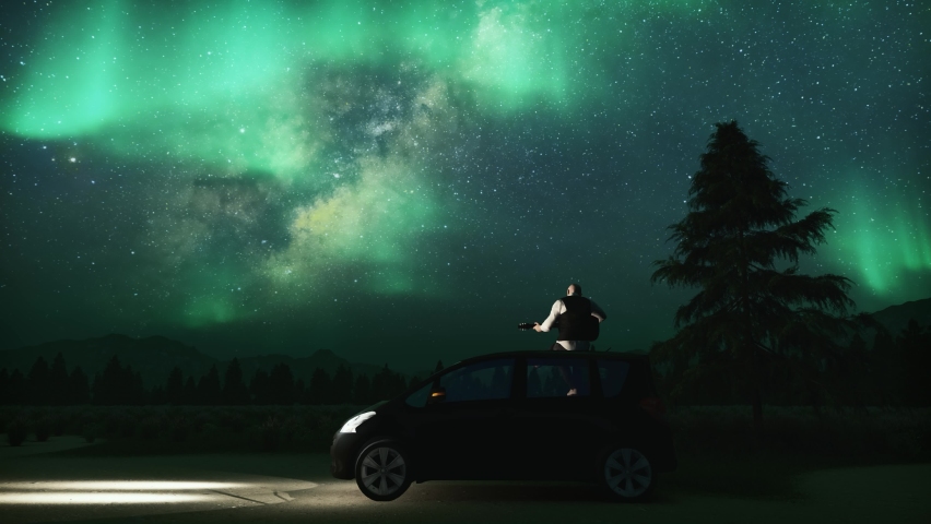 3D Animation a male with guitar sitting on car roof and looking at Aurora Borealis or Northern Lights on the beautiful night sky and milky way with the forest and mountain background.