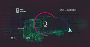 Animation of speedometer, gps and charge status data on vehicle interface, over 3d truck model. transport and technology, engineering design and digital interface concept digitally generated video.