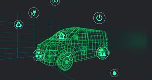 Animation of icons processing status data over 3d car model moving on black background. transport and fuel technology, engineering design and digital interface concept digitally generated video.