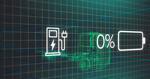 Animation of charge status data on electric vehicle interface, over 3d truck model. transport and technology, engineering design and digital interface concept digitally generated video.